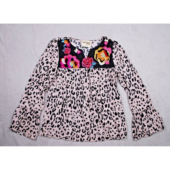 Savannah Jane Floral Embroidered Leopard Long Sleeve Peasant Top Size S - Picture 1 of 6